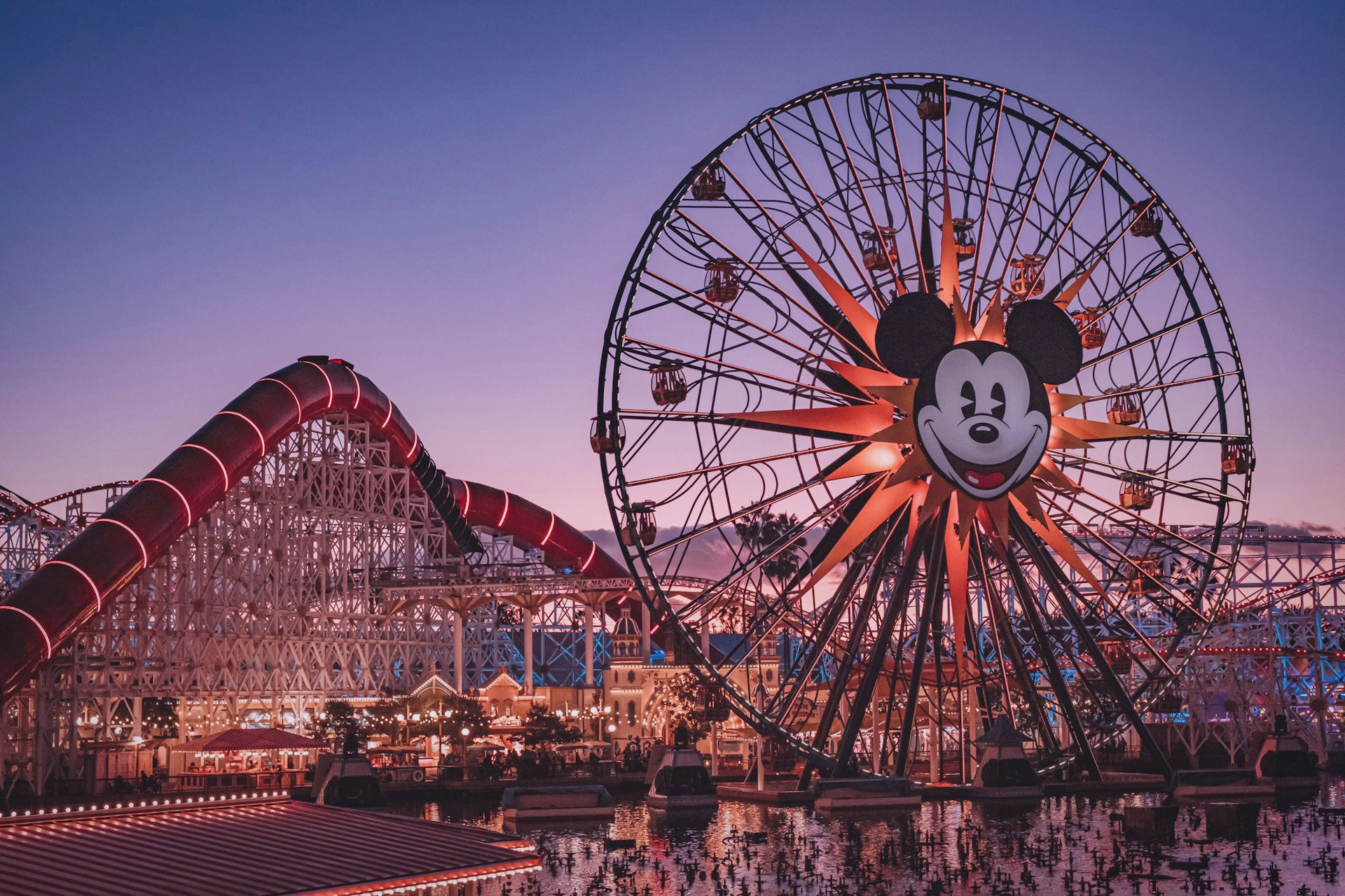 Mickey Mouse Ferris wheel at dusk