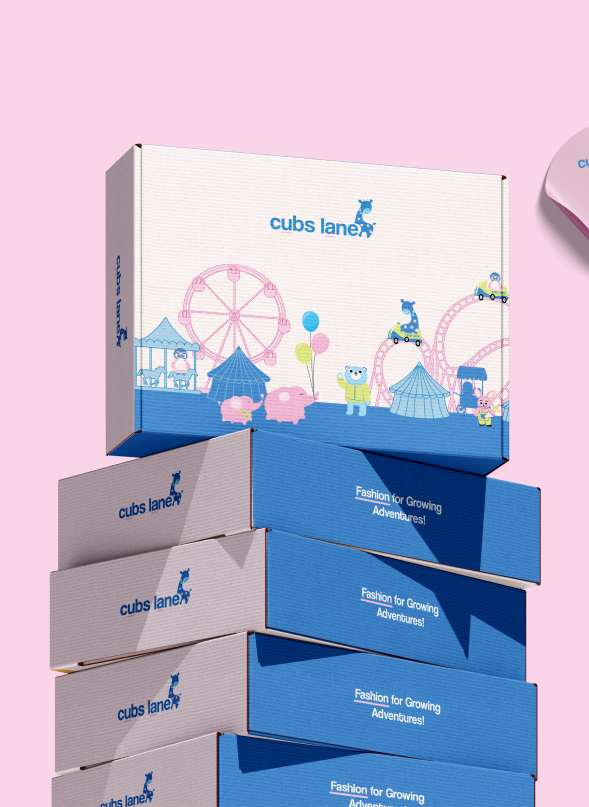 Stack of Cubs Lane boxes featuring carnival illustration, pink background