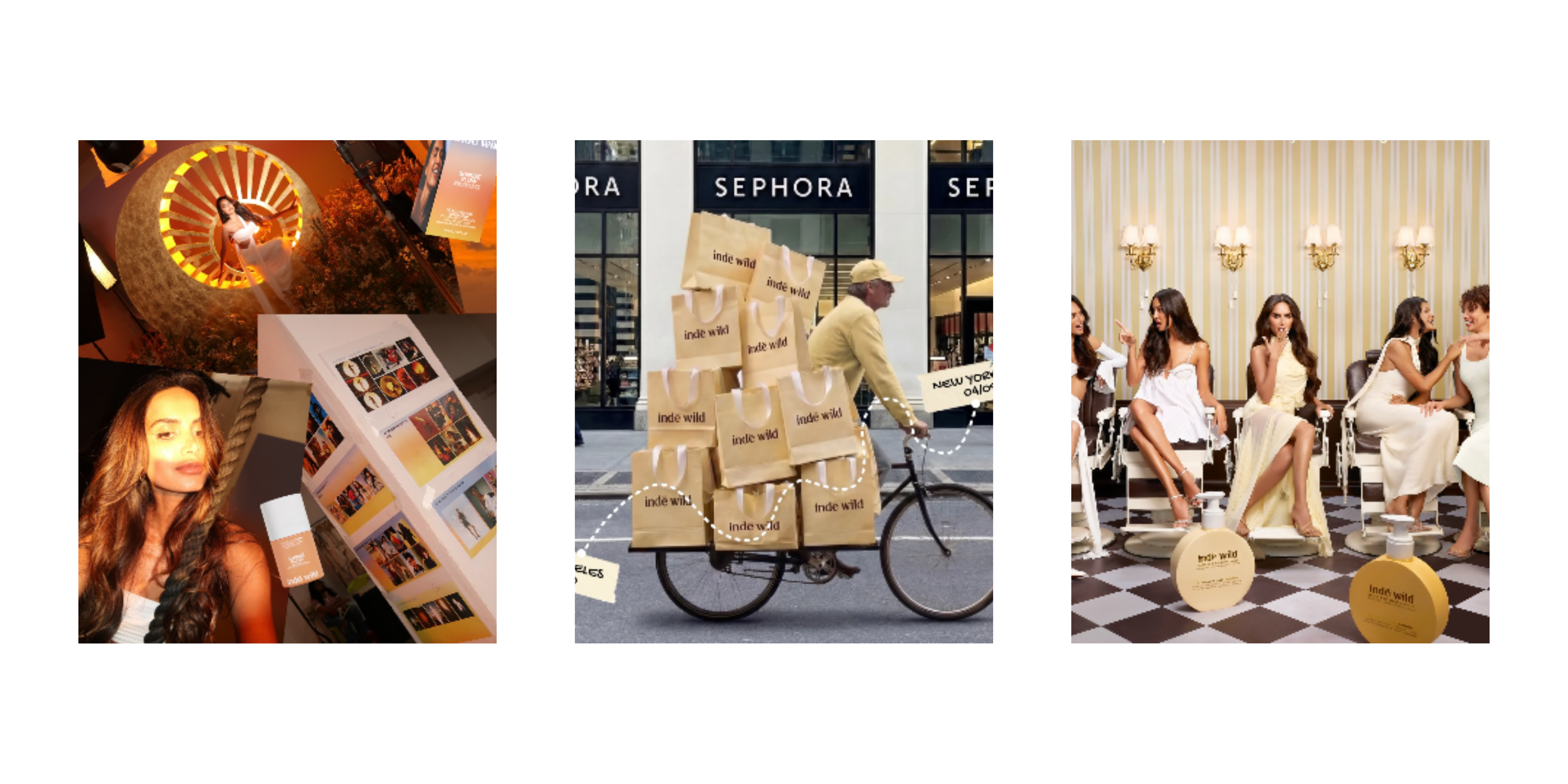 Three images: Sephora store, man on bike, women sitting