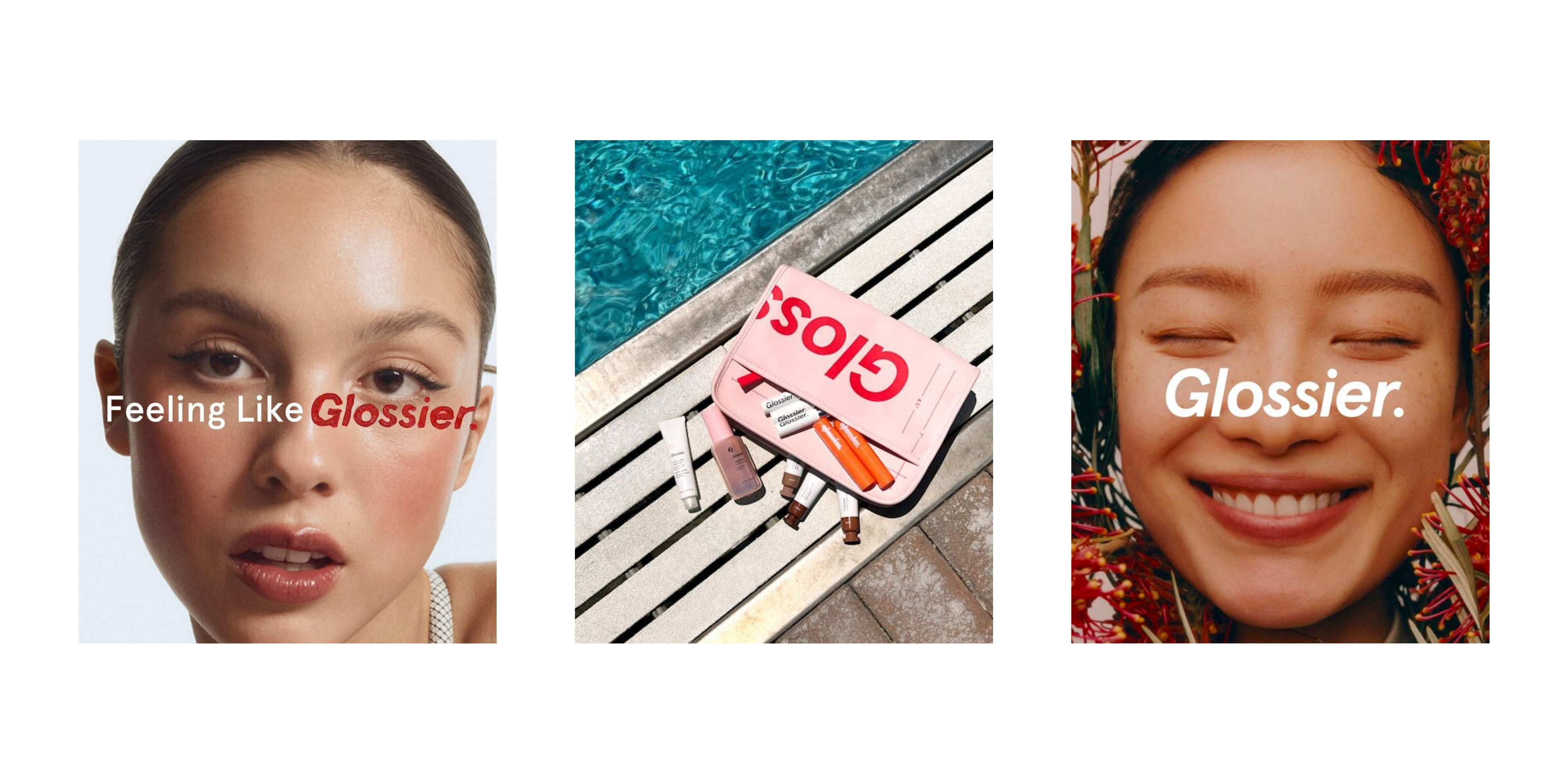 Glossier makeup bag and products by pool