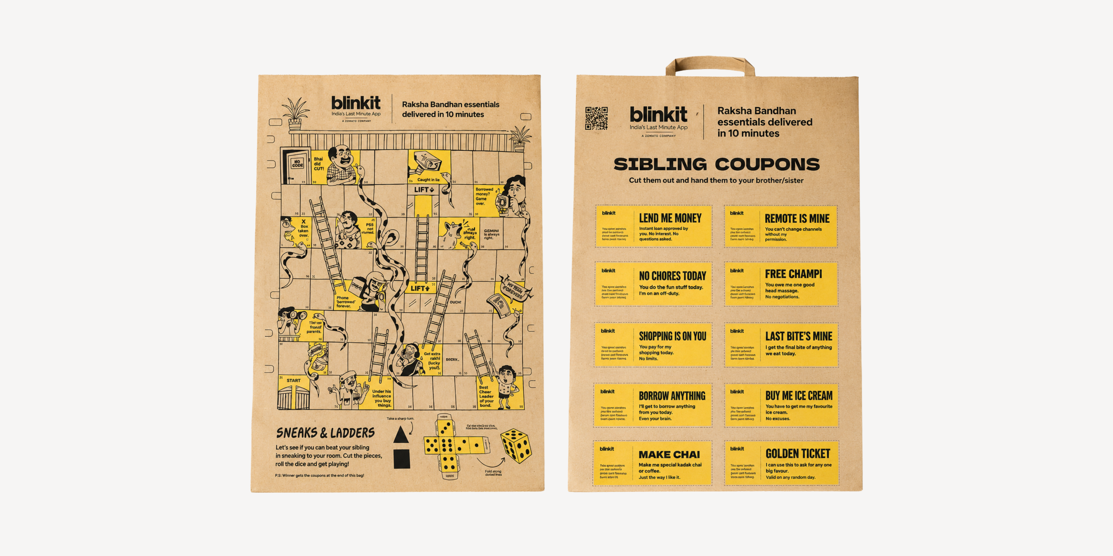 Blinkit Raksha Bandhan essentials bag with game