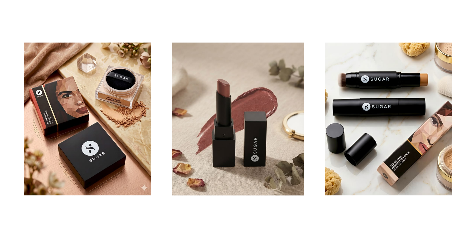 SUGAR makeup products: lipstick, powder, stick
