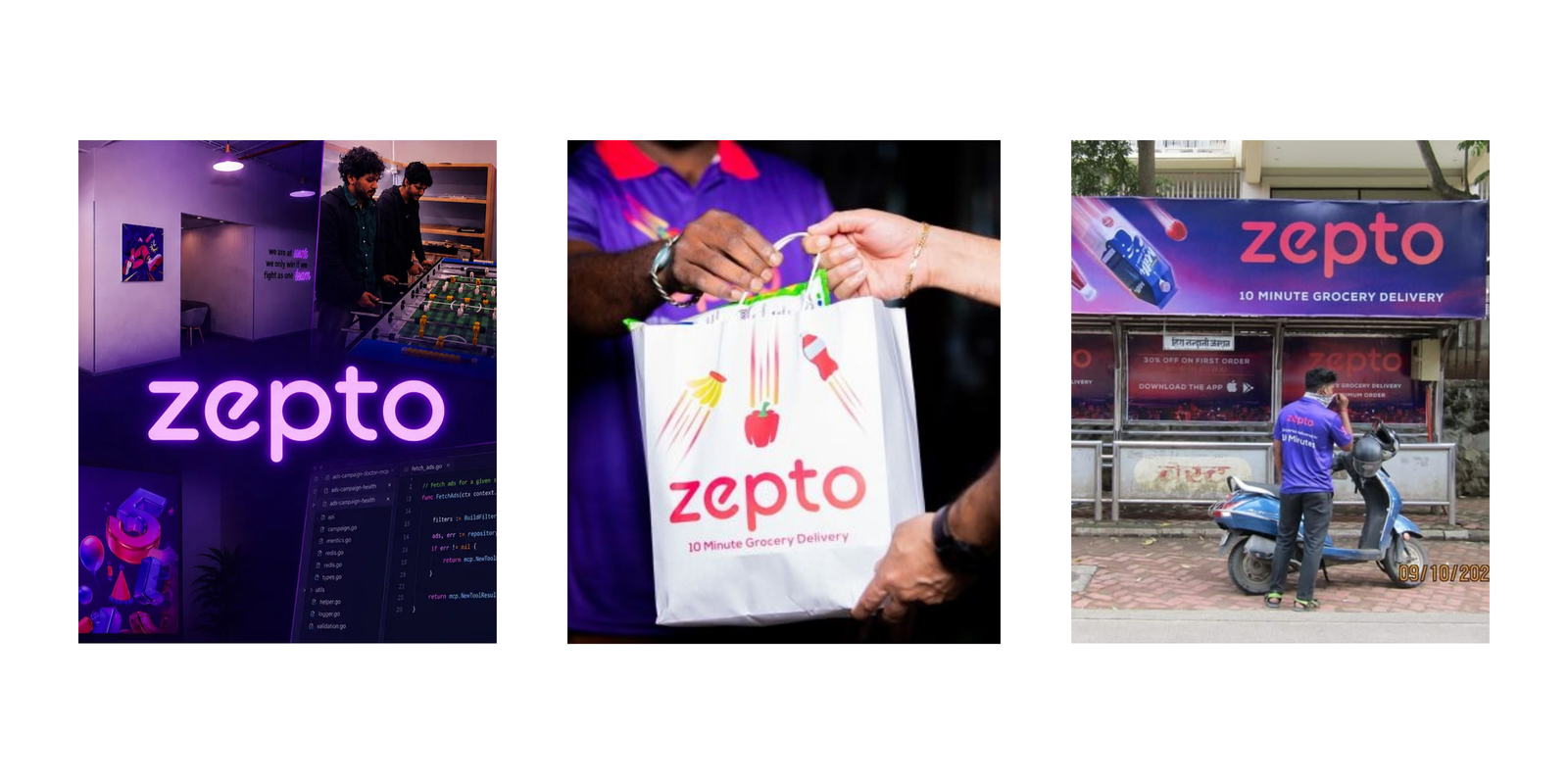 Zepto grocery delivery bag and scooter